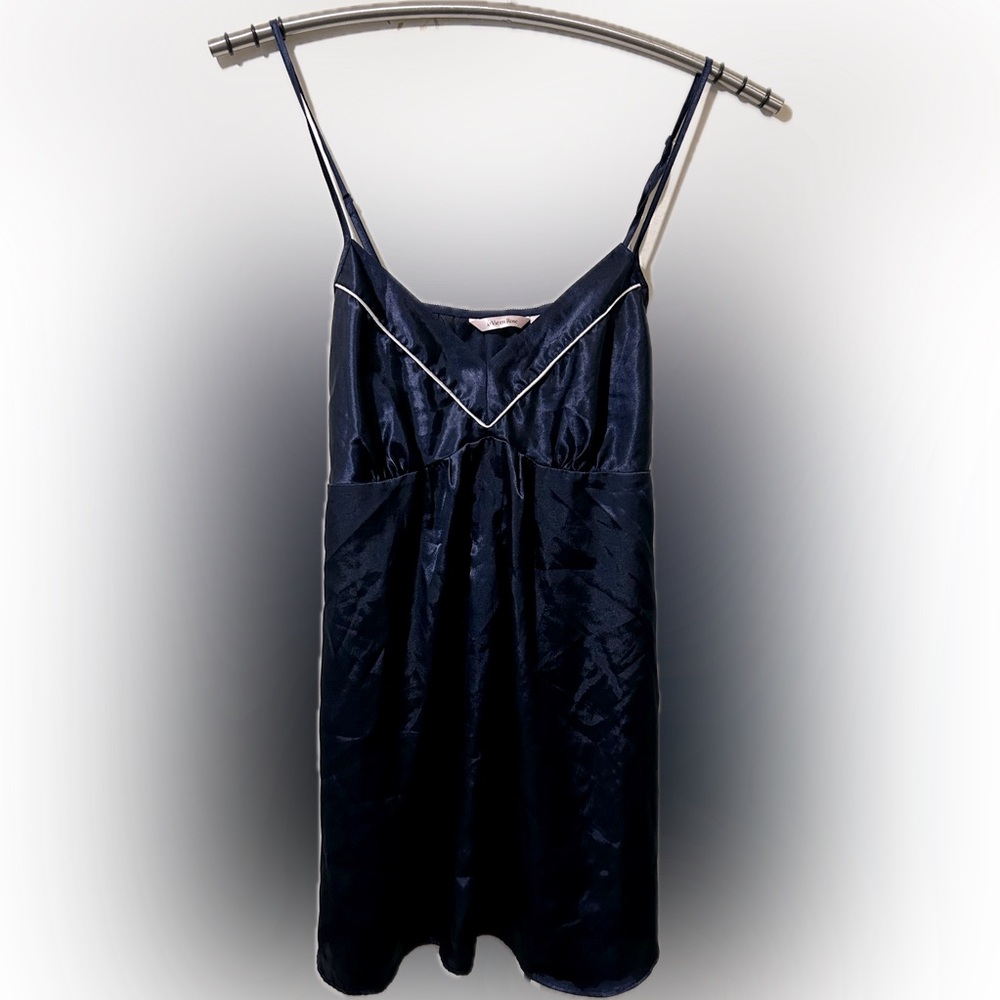 La Vie En Rose Women’s Satin Navy Blue Slip Dress, Back Tie Belt Nautical Size L - Picture 3 of 8